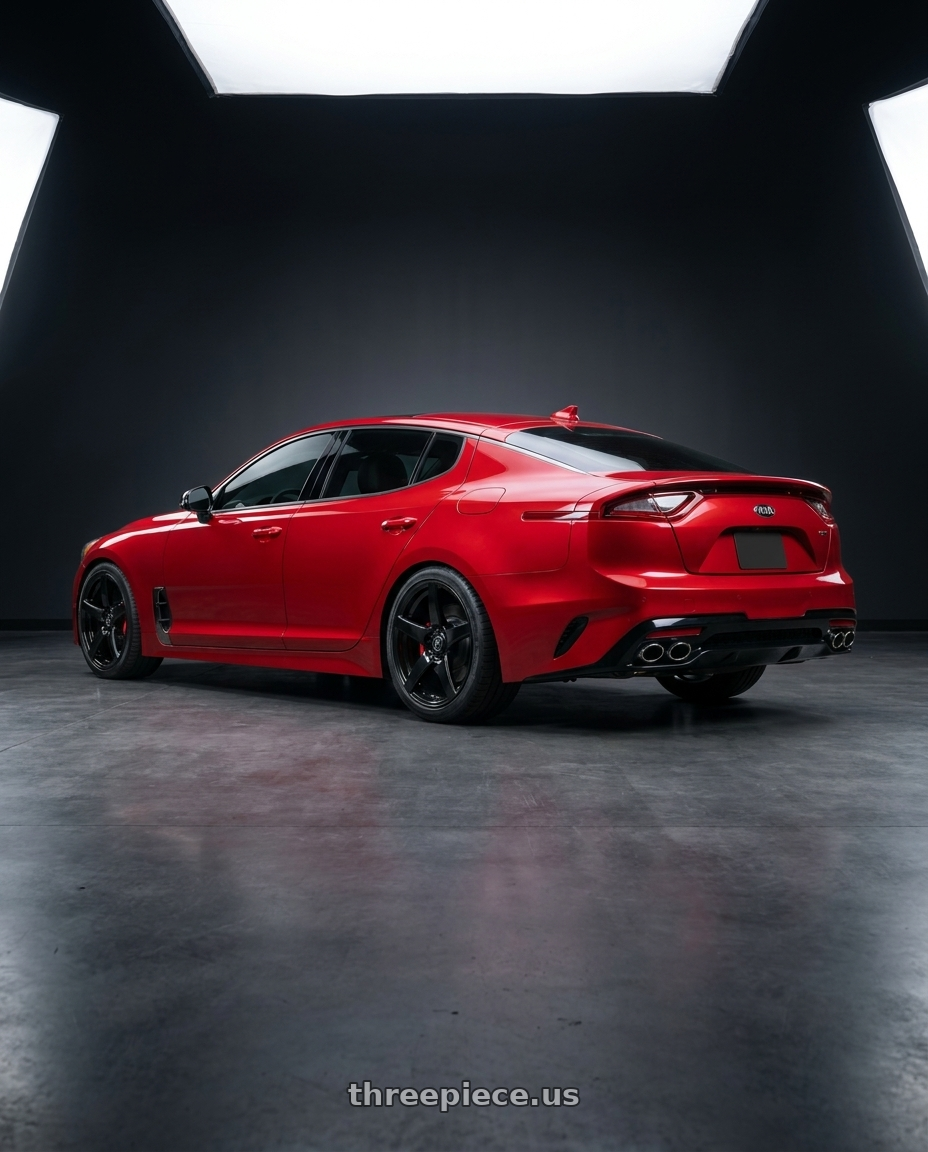2022 Kia Stinger GT with Forgestar CF5 5x114.3 19x9.5 +29 Gloss Black wheels rear three quarter view square tires
