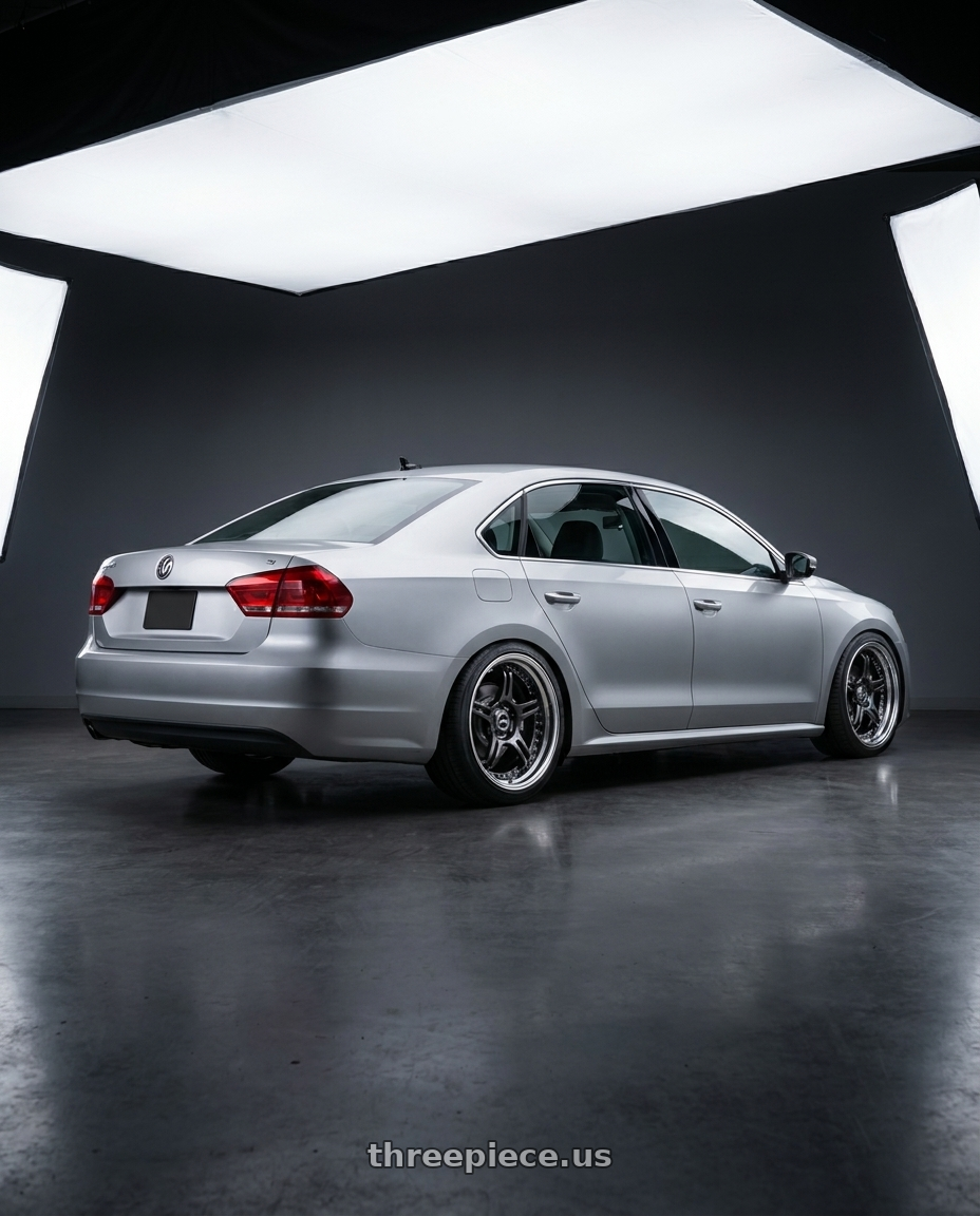 2012 Volkswagen Passat S with SSR Professor SPX STD 5x112 18X8.5+35 MD Disk Prism Dark Gunmetallic wheels rear three quarter view square tires