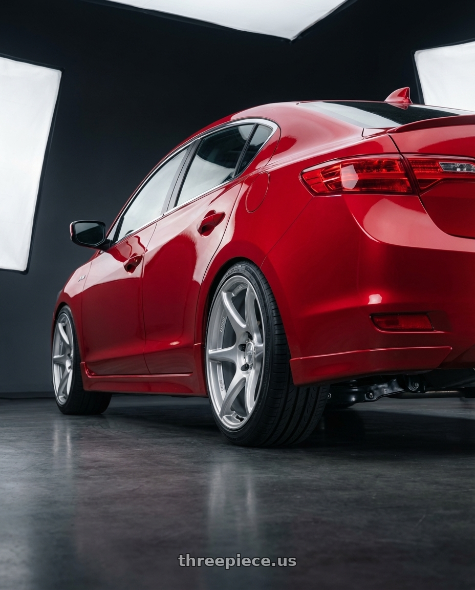 2012 Acura ILX with Kansei K11S Tandem 5x114.3 17x9 22 Hyper Silver wheels rear three quarter view square tires