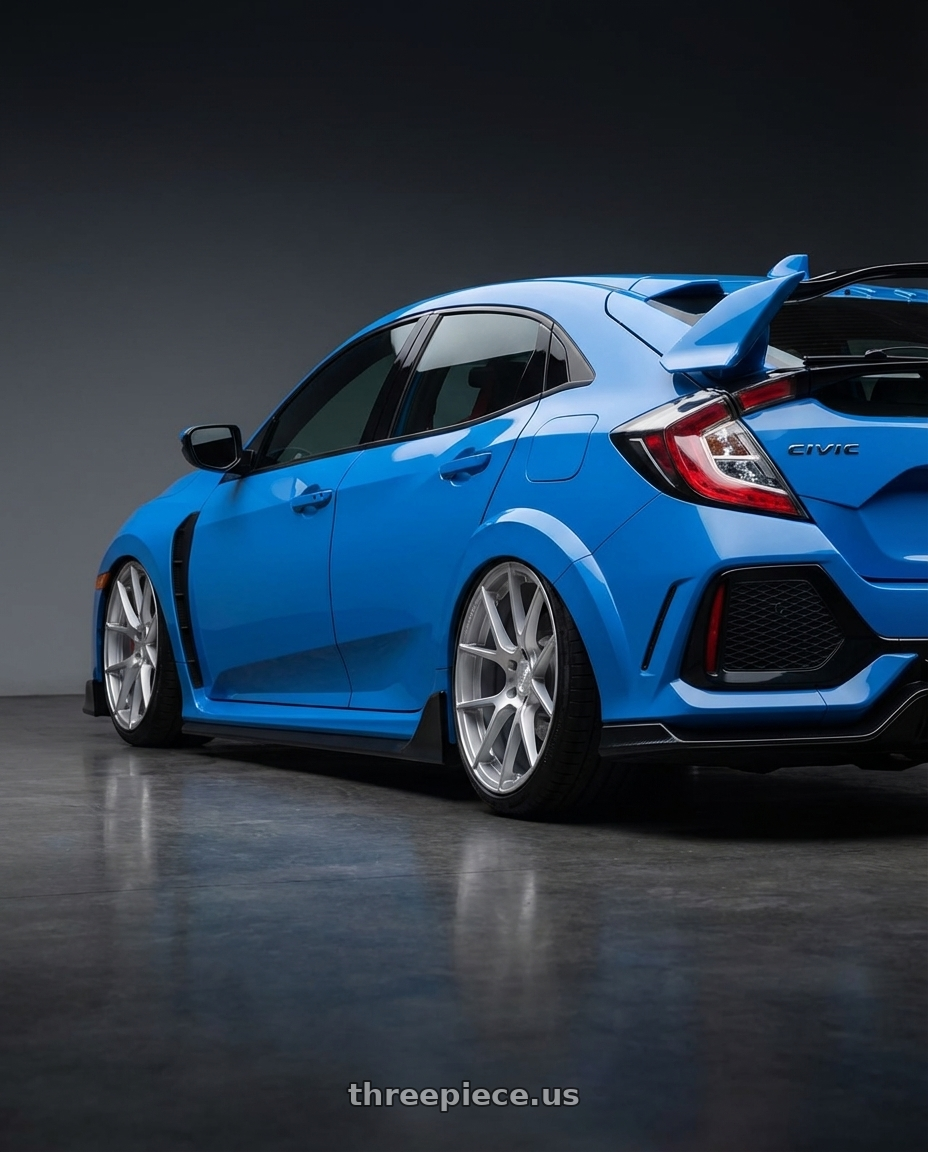 2020 Honda Civic Type R with Avant Garde Wheels M510 5X120 19x8.5 +15 Satin Silver wheels rear three quarter view slight stretch tires