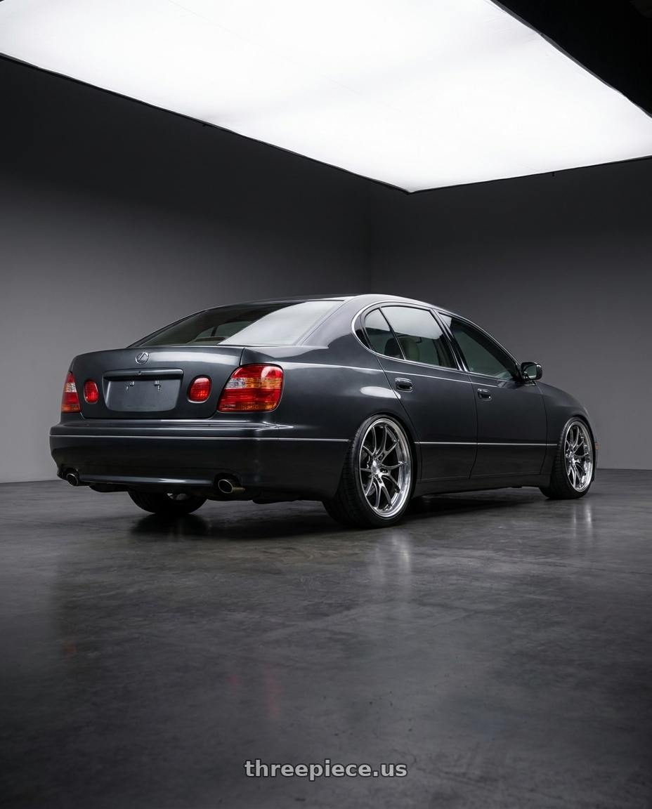 2004 LEXUS GS300 with Volk Racing G025 LC 5x114.3 20x12 +25 SHINING LIGHT METAL / RIM FDMC wheels rear three quarter view slight stretch tires