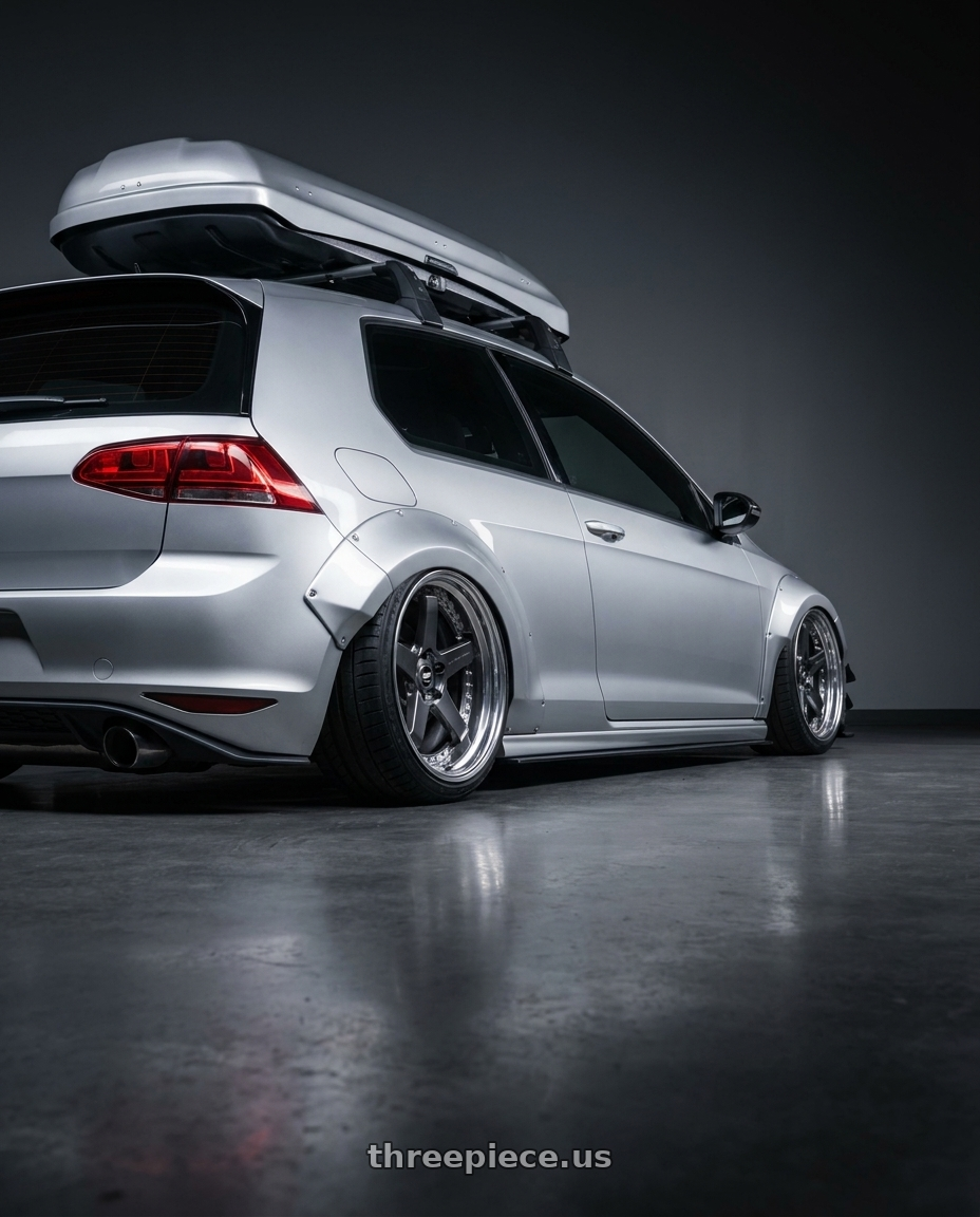 2015 VW GTI with Work Zistance W5s 5x112 19x9+48 w disk Brilliant Silver Black wheels rear three quarter view square tires