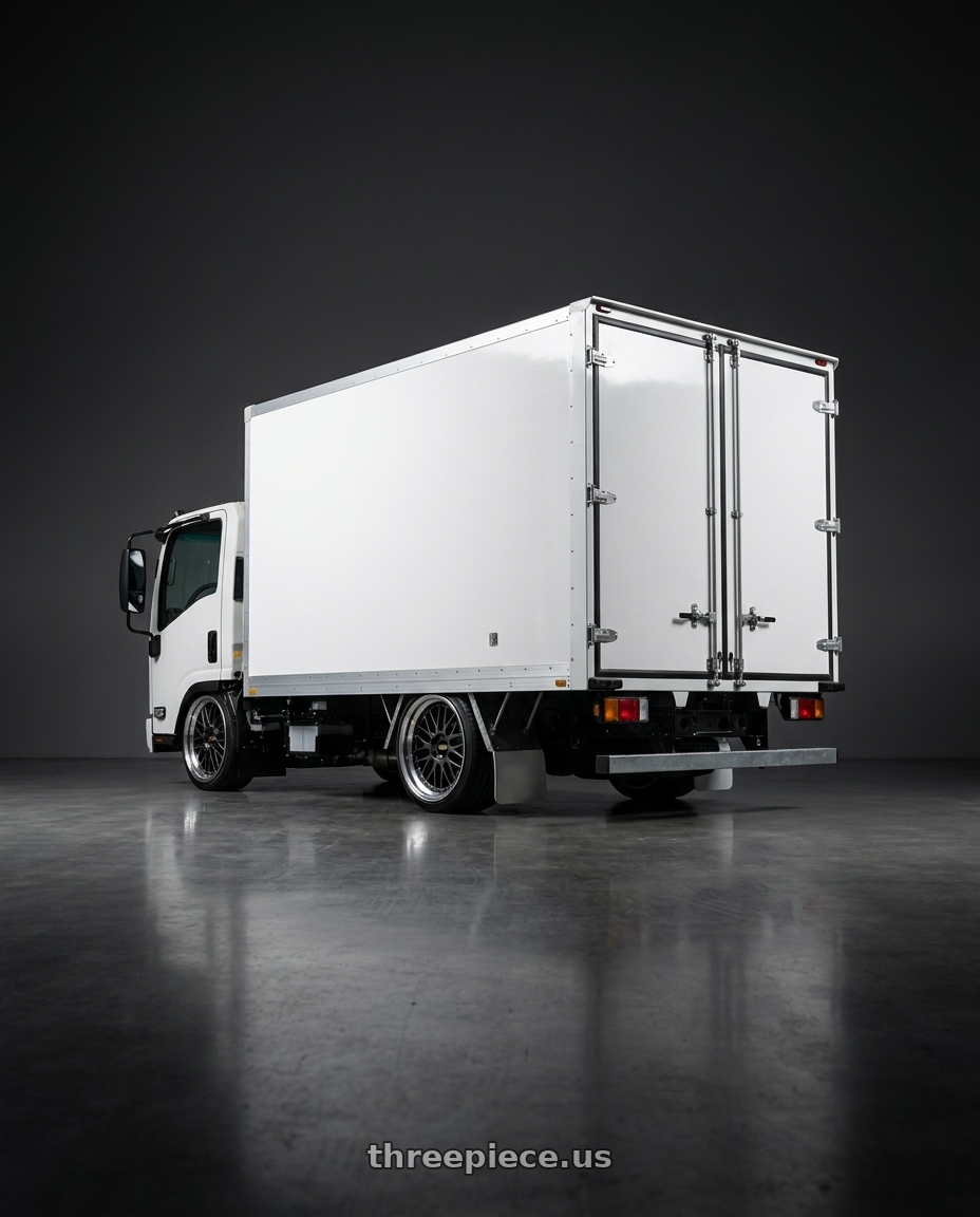 2024 Isuzu npr50 with BBS LM 5x120 20x9.0+15 Diamond Black wheels rear three quarter view slight stretch tires