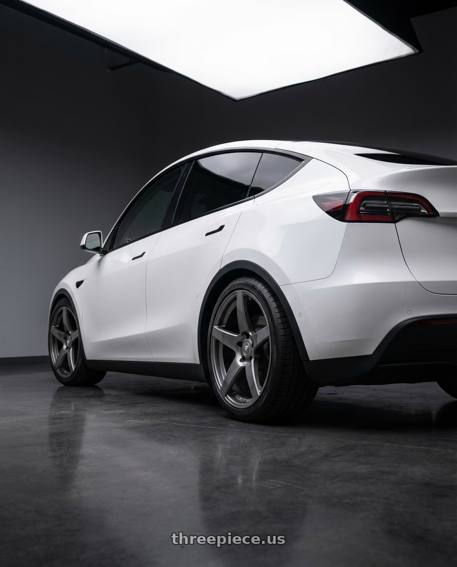 2024 Tesla Model Y with Forgestar CF5 5x114.3 20x9 +35 Gloss Anthracite wheels rear three quarter view square tires