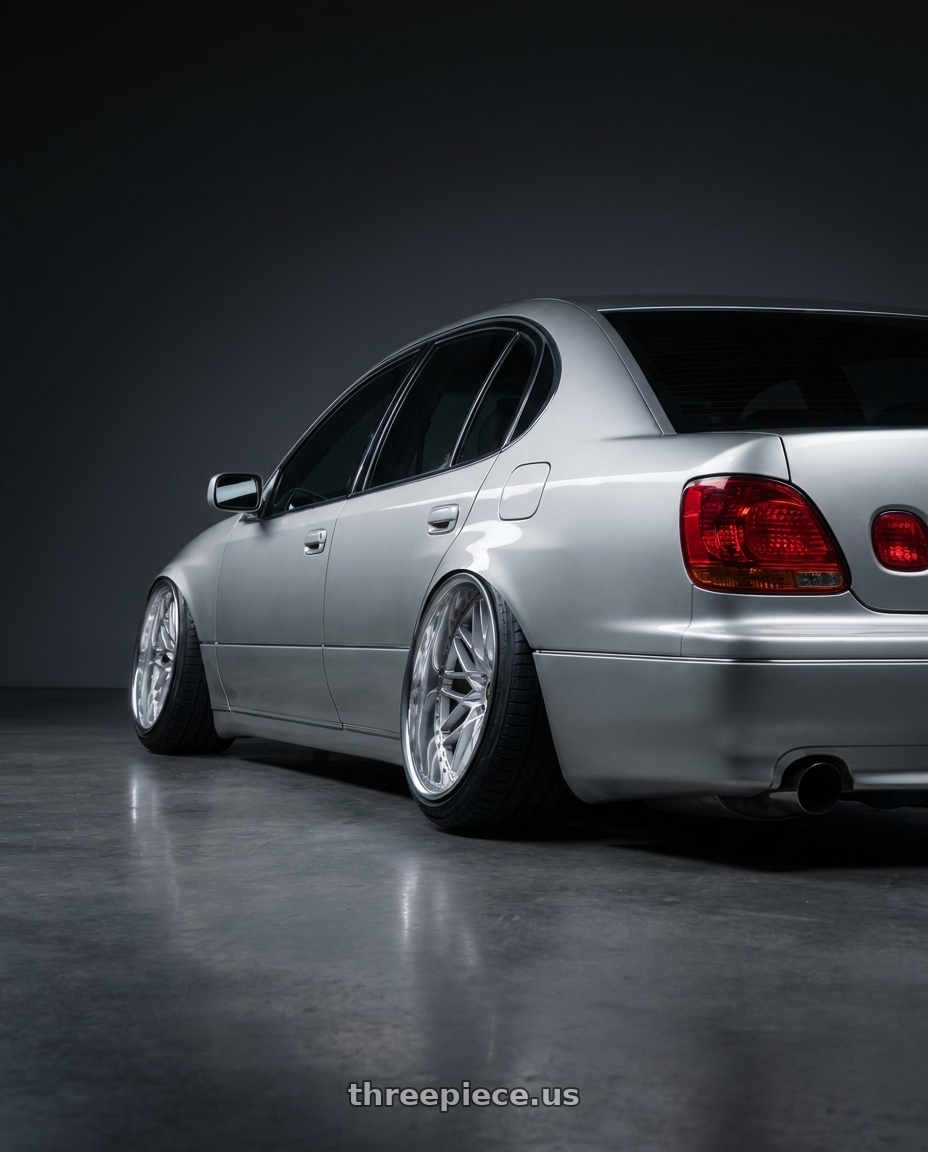 2000 lexus gs300 millennium silver with Work Vs-Xv 5x114.3 19x9.5+35 L Disk Silky Rich Silver wheels rear three quarter view extreme stretch tires