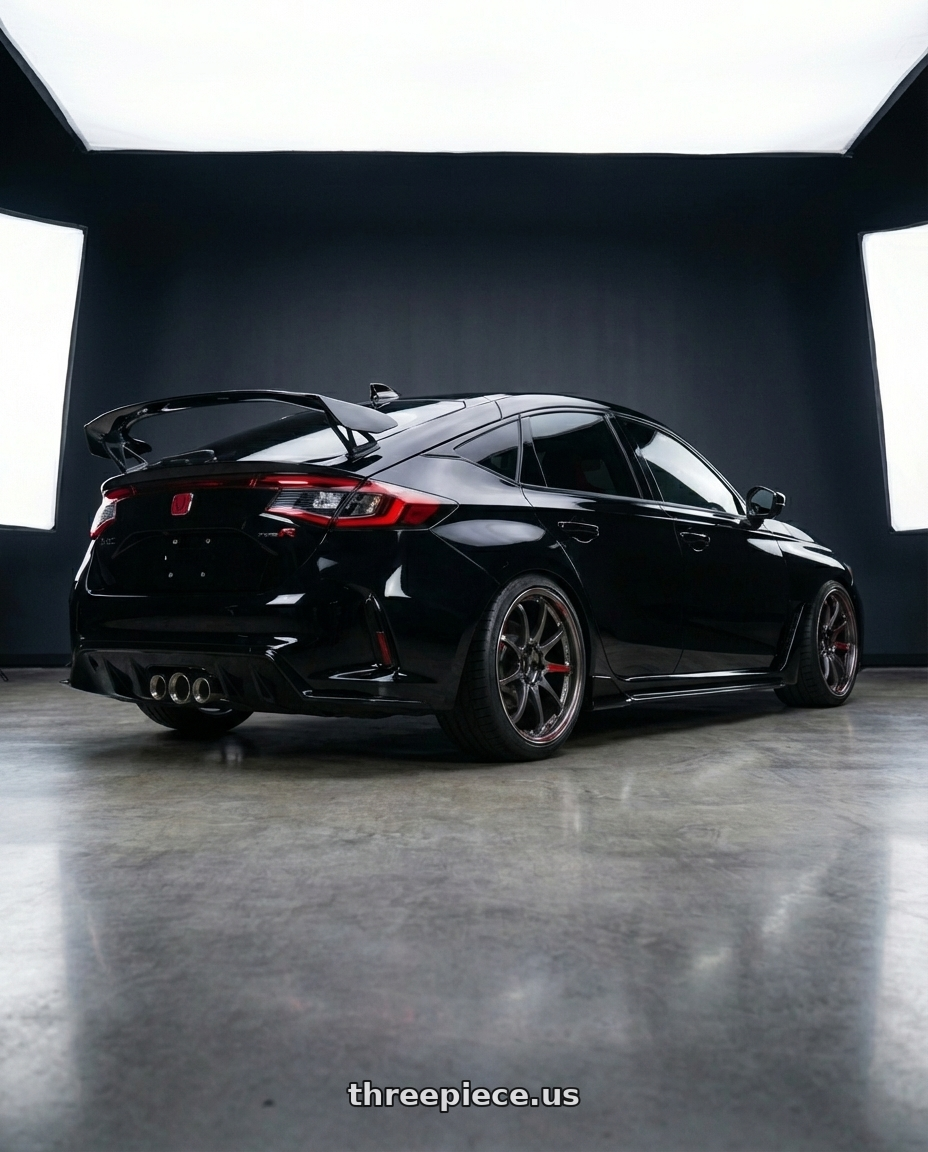 Honda Civic type r 2023 with Volk Racing CE28SL 5x100 18x9.5+45 wheels rear three quarter view square tires