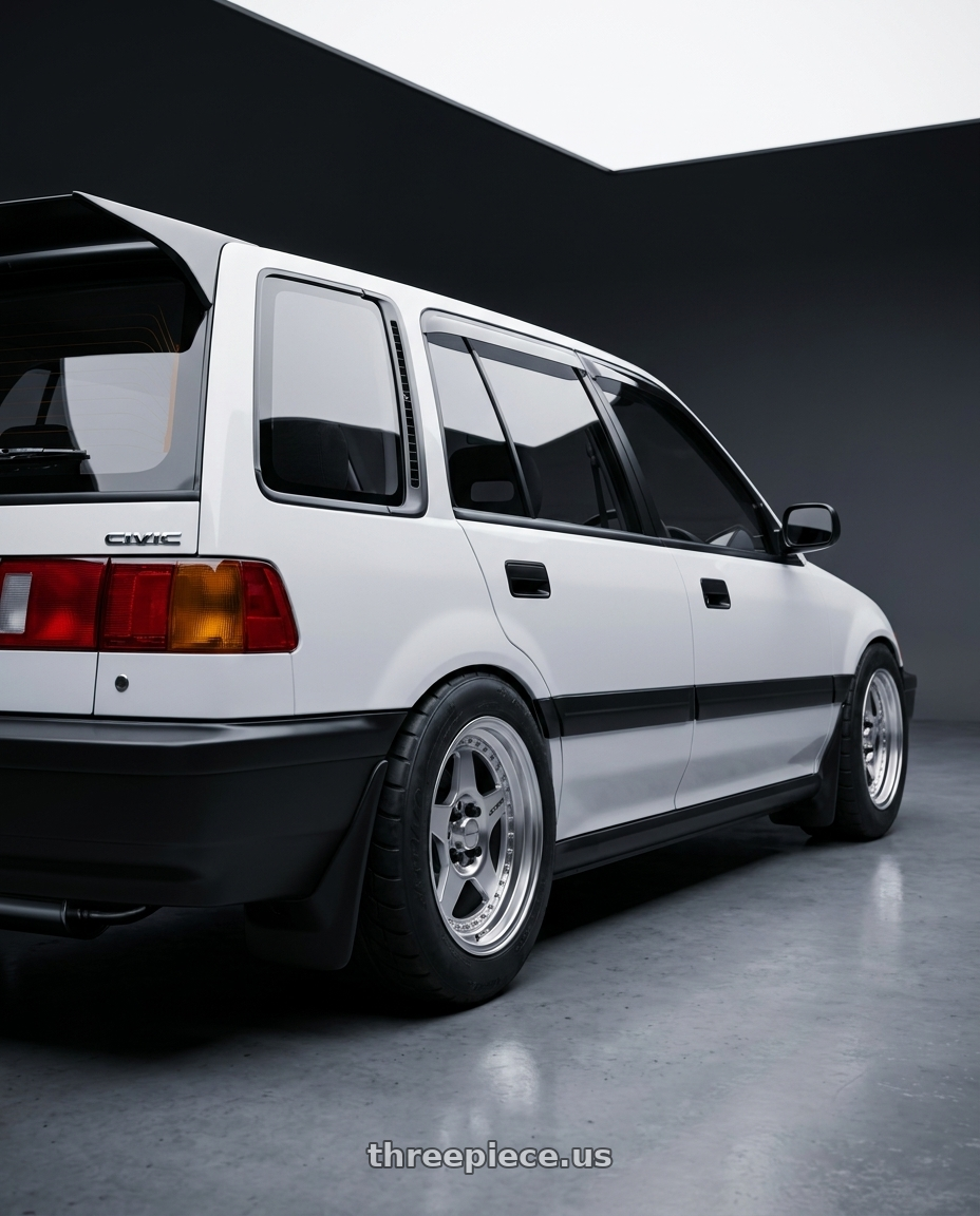 1991 Honda Civic Wagon with Work Meister Cr01 4x100 15x7+35 A Disk Bright Buff Finish wheels rear three quarter view meaty tires