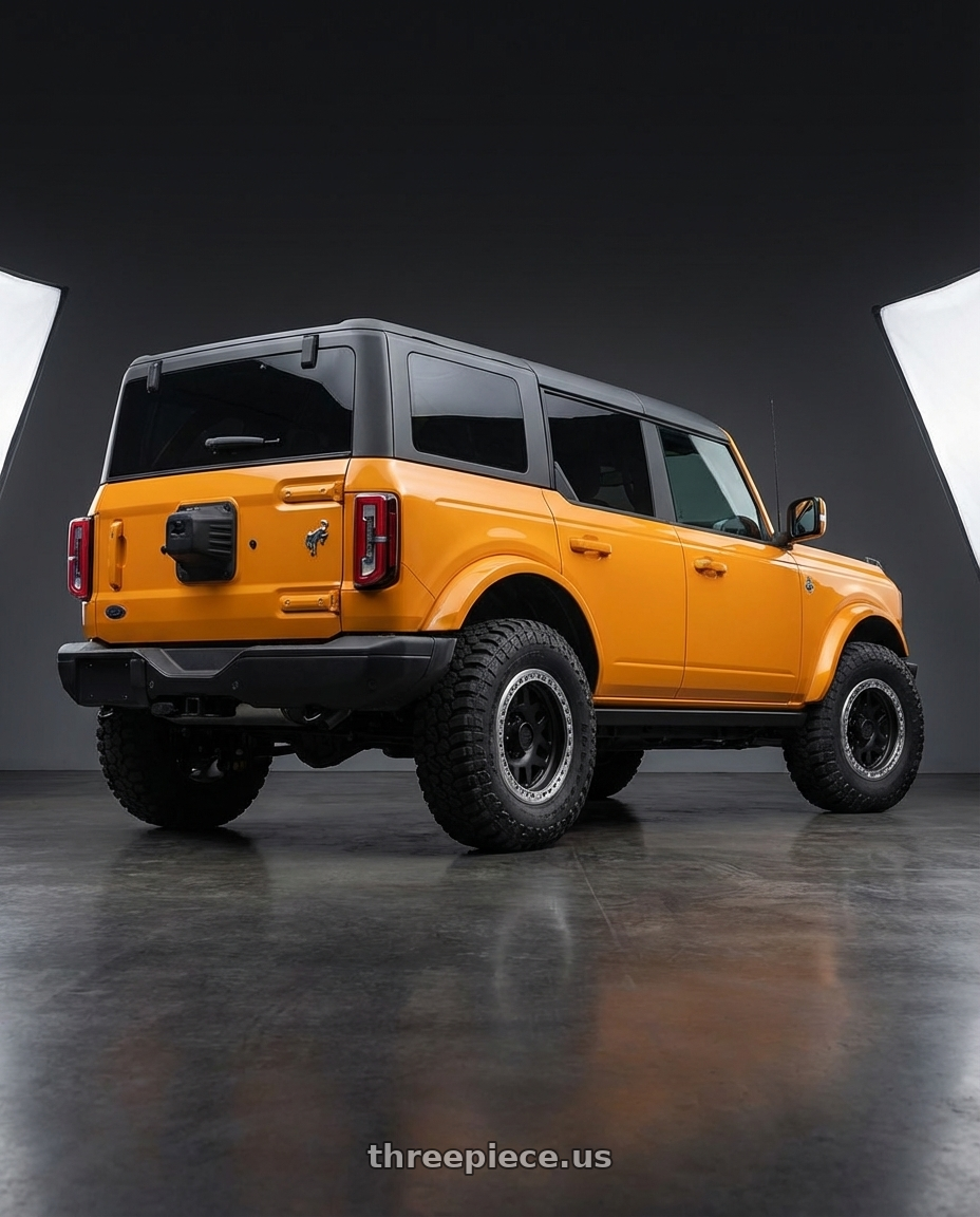 2024 Ford Bronco with KMC KM229 MACHETE CRAWL BEADLOCK 6X139.7 17X9 -38 SATIN BLACK MACHINED BEAD RING wheels rear three quarter view meaty tires