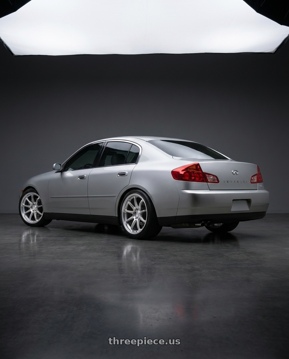 2004 Infiniti g35 sedan base model  with KATANA RACING HR06 5x114.3 18x8.5 +35 Hyper Silver wheels rear three quarter view square tires