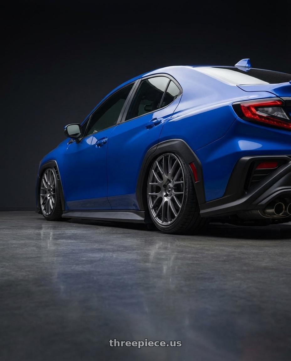 2024 Subaru WRX with Ssr Gtv04 5x114.3 19×8.5x8.5+38  METALLIC GRAY wheels rear three quarter view slight stretch tires