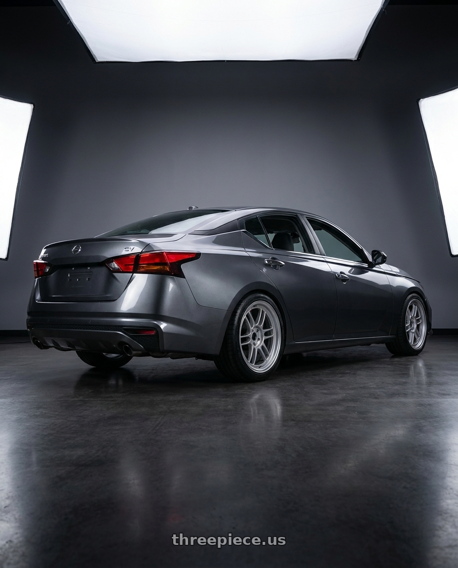 2021 Nissan Altima SV with Enkei RPF1 5x114.3 18x9+35 Silver wheels rear three quarter view square tires