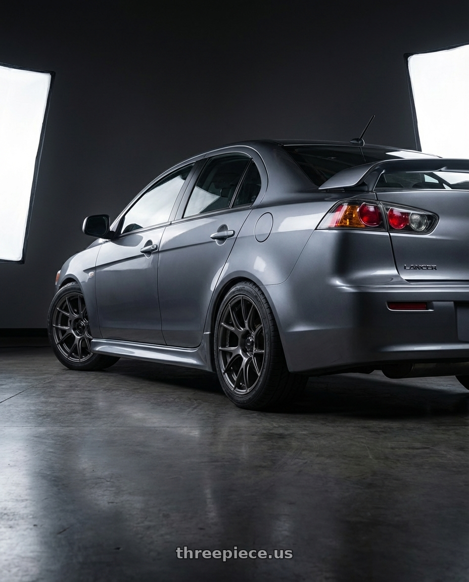 2014 Mitsubishi Lancer Ralliart with Konig Ampliform 5x114.3 18x9.5+25 Dark Metallic Graphite wheels rear three quarter view square tires