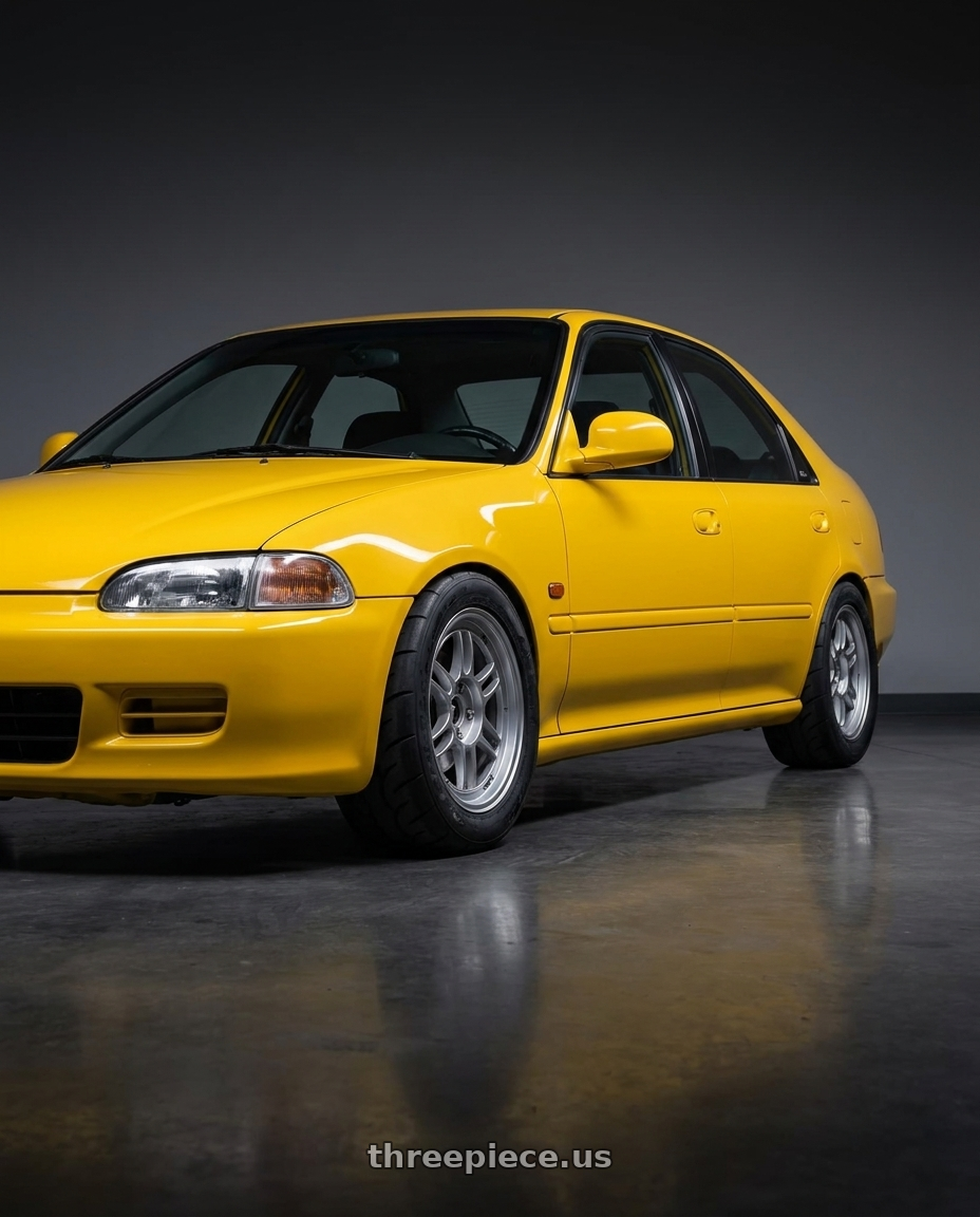 1995 Honda Civic Si with Enkei RPF1 4x100 15x7+35 Silver wheels front three quarter view lowered stance