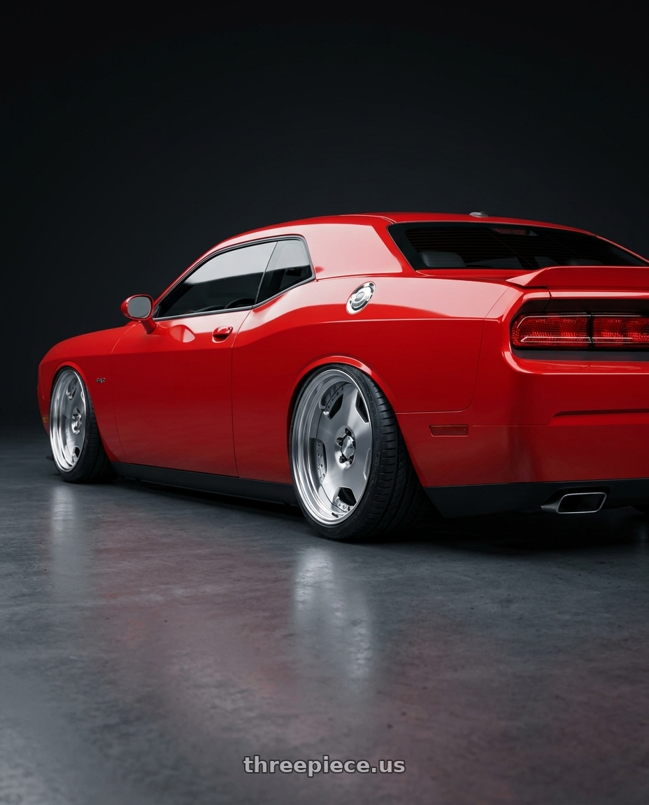 2014 challenger srt with Work Lanvec Ld1 5x100 19x10.5+38 A Disk Machine Silver Polish wheels rear three quarter view slight stretch tires