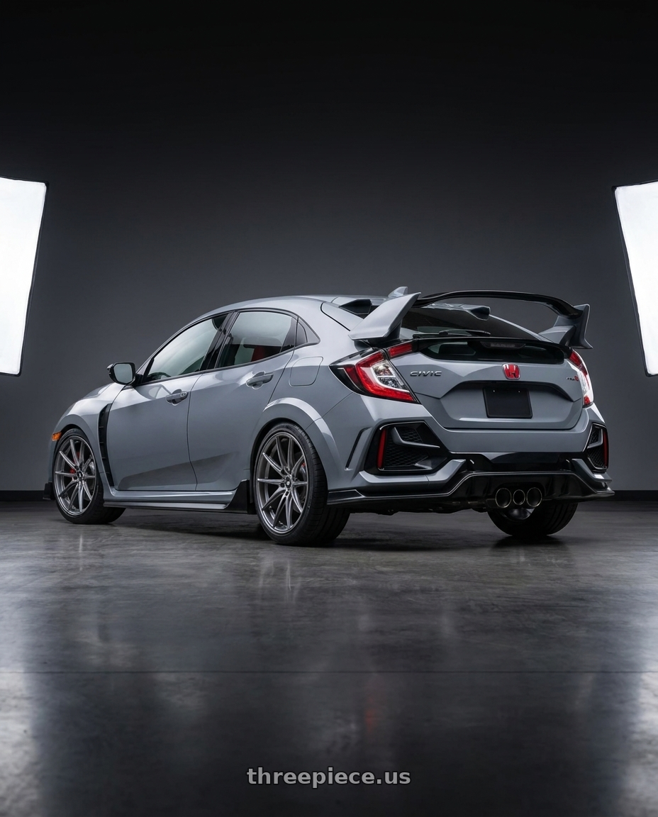 2021 Honda Civic Type R with Konig Oversteer 5x120 19x8.5+35 Opal wheels rear three quarter view square tires
