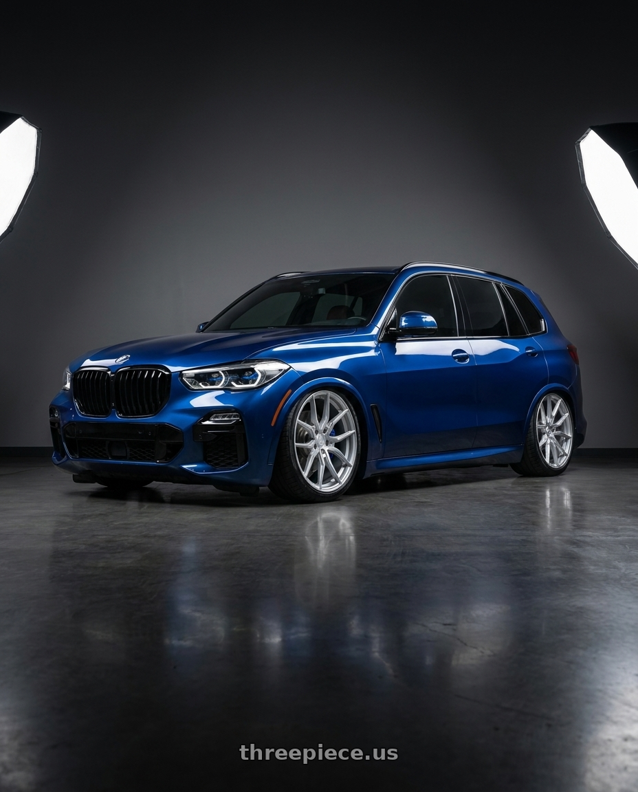 2023 bmw x5 blue with Aodhan AFF1 5x120 20x10.5+35 Gloss Silver Machined Face wheels