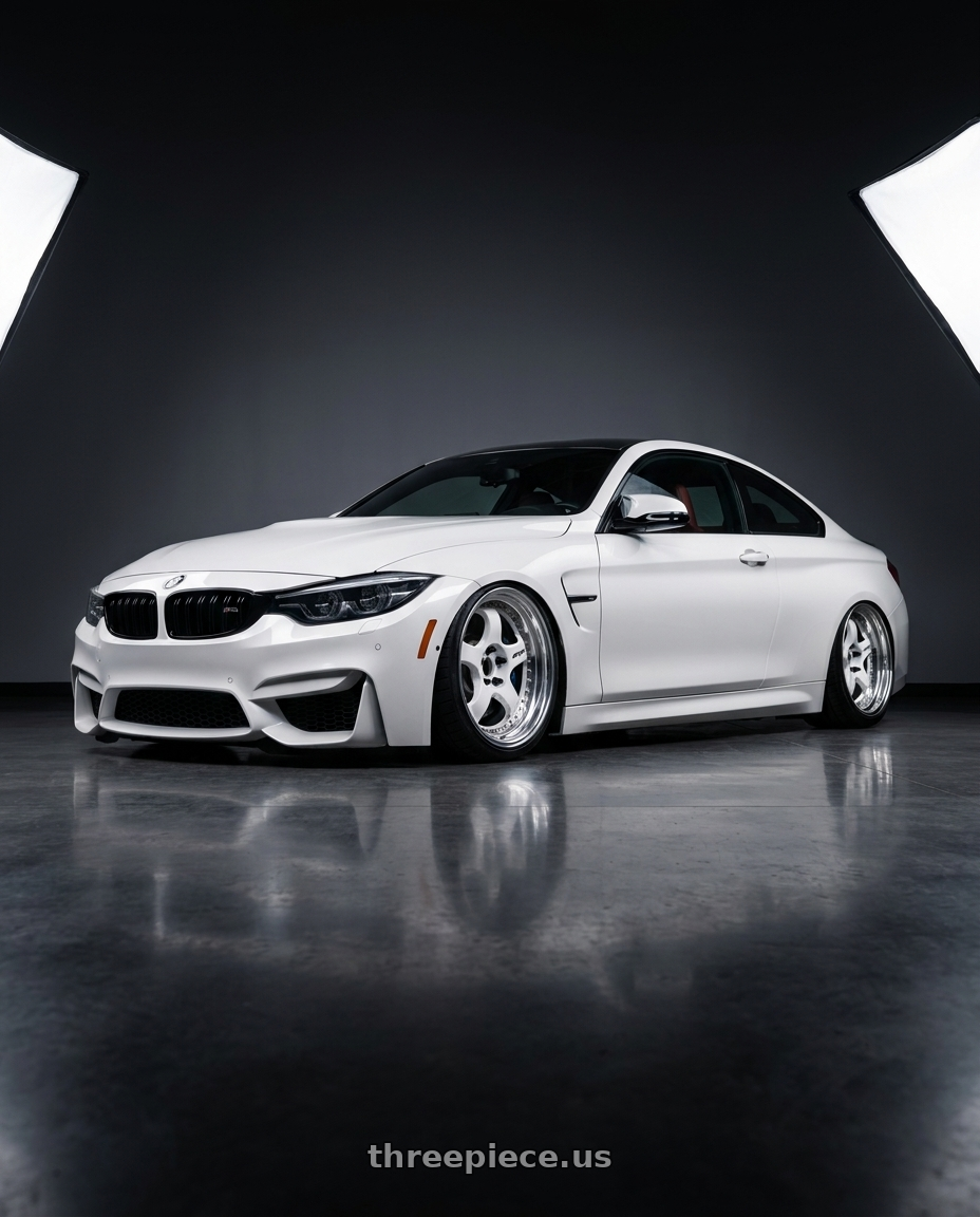 2018 BMW M4 with Work Meister S1 3P 5x120 19x10.5+23 O Disk White wheels front three quarter view stanced stance