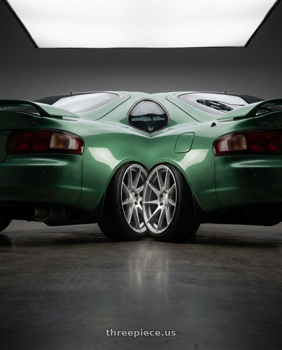1997 Celica st204 with Aodhan AH09 5x100 18x9.5 +35 Gloss Silver Machined Face wheels rear three quarter view slight stretch tires