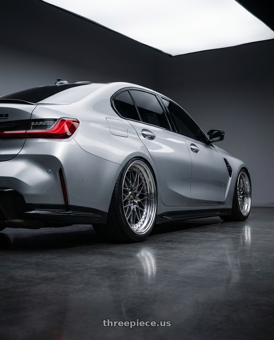 2022 m3 competition with Work Vs-Xv 5x100 18x8.5-18 A Disk Brilliant Silver Black wheels rear three quarter view slight stretch tires
