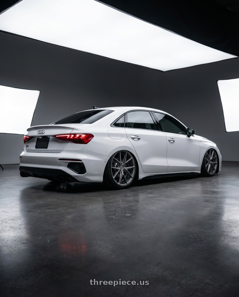 2024 Audi S3 8Y with Niche 1PC M116 MISANO 5X112 19X9.5 +35 MATTE GUN METAL wheels rear three quarter view slight stretch tires