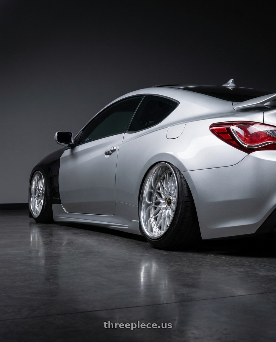2013 hyundai genesis coupe 3 with Work Vs-Xv 5x114.3 19x10.5-16 L Disk Silky Rich Silver wheels rear three quarter view extreme stretch tires