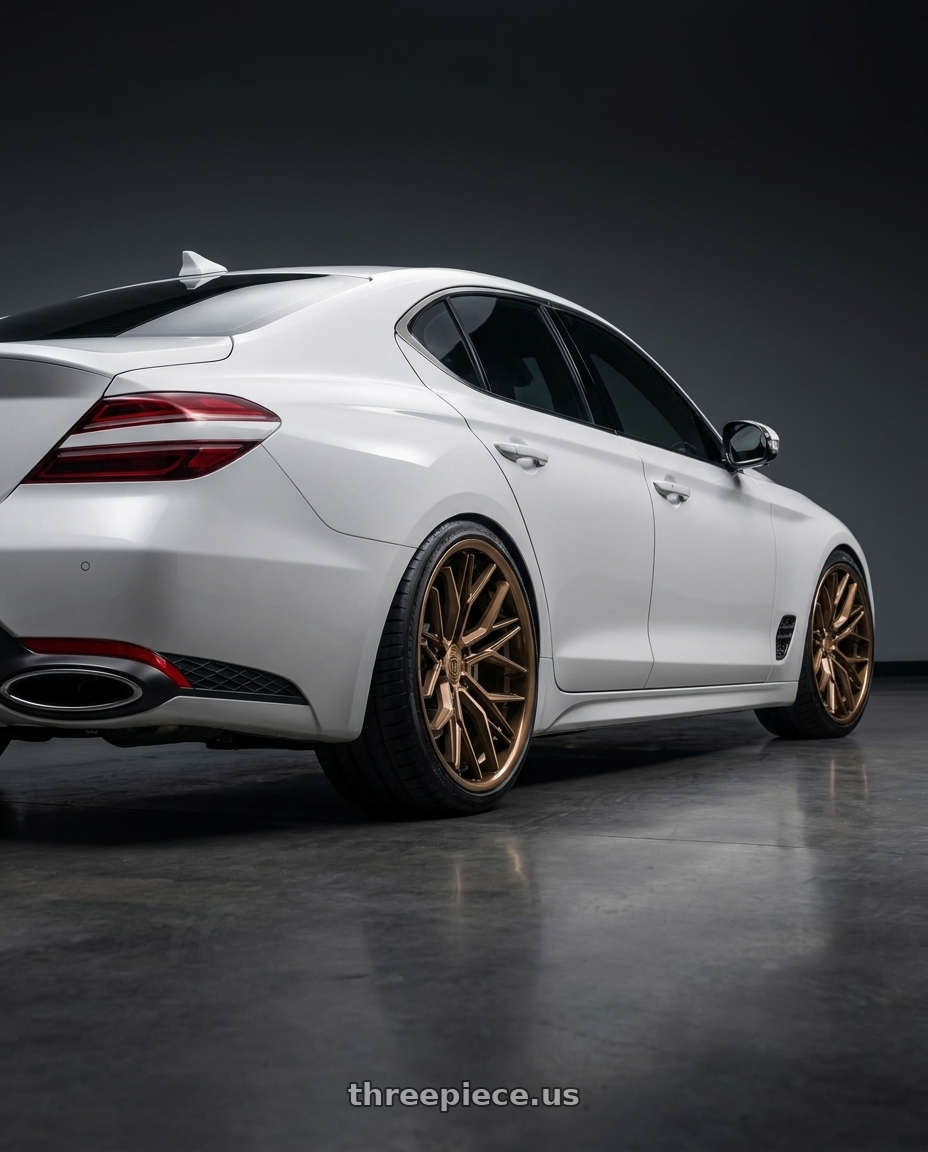 2026 genesis g70 with Rohana RFC3 5x112 19x8.5 +35 Machine Bronze wheels rear three quarter view slight stretch tires