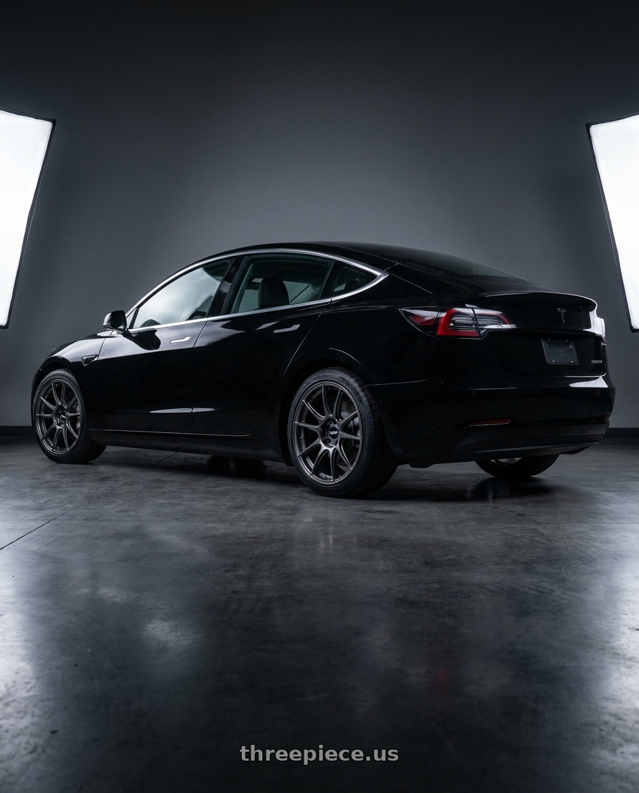 2022 tesla model3 with Ssr Gtx04 5x114.3 18x8.5+44  DARK GUNMETAL wheels rear three quarter view square tires