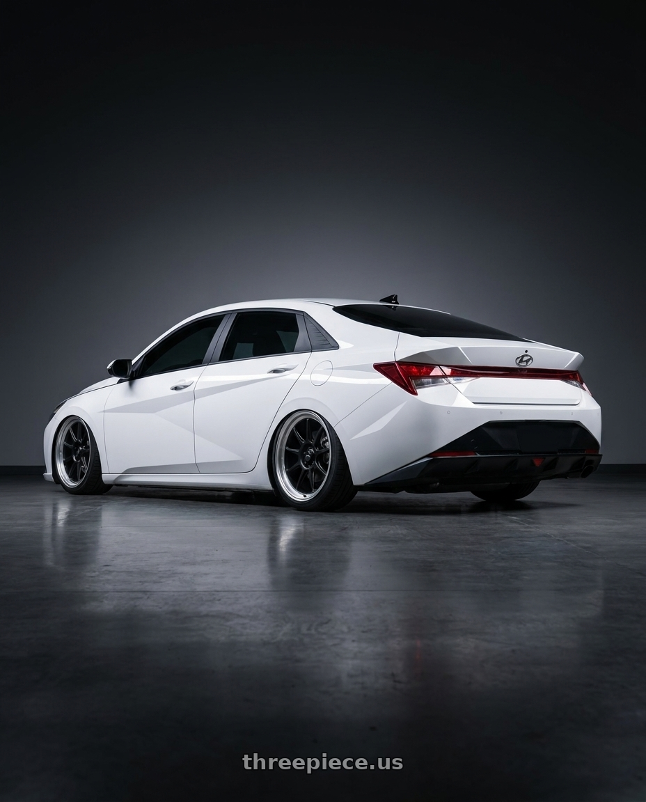 2024 Hyundai Elantra N with Konig Countergram 5x114.3 19x9.5+35 Matte Black / Matte Machined Lip wheels rear three quarter view slight stretch tires