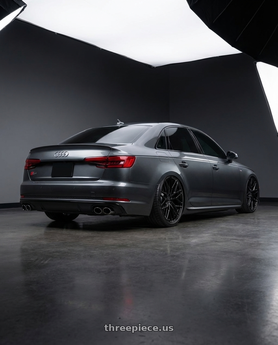 2023 Audi S4 B9 with Avant Garde Wheels M520R 5X112 20x10 +25 Gloss Black wheels rear three quarter view slight stretch tires