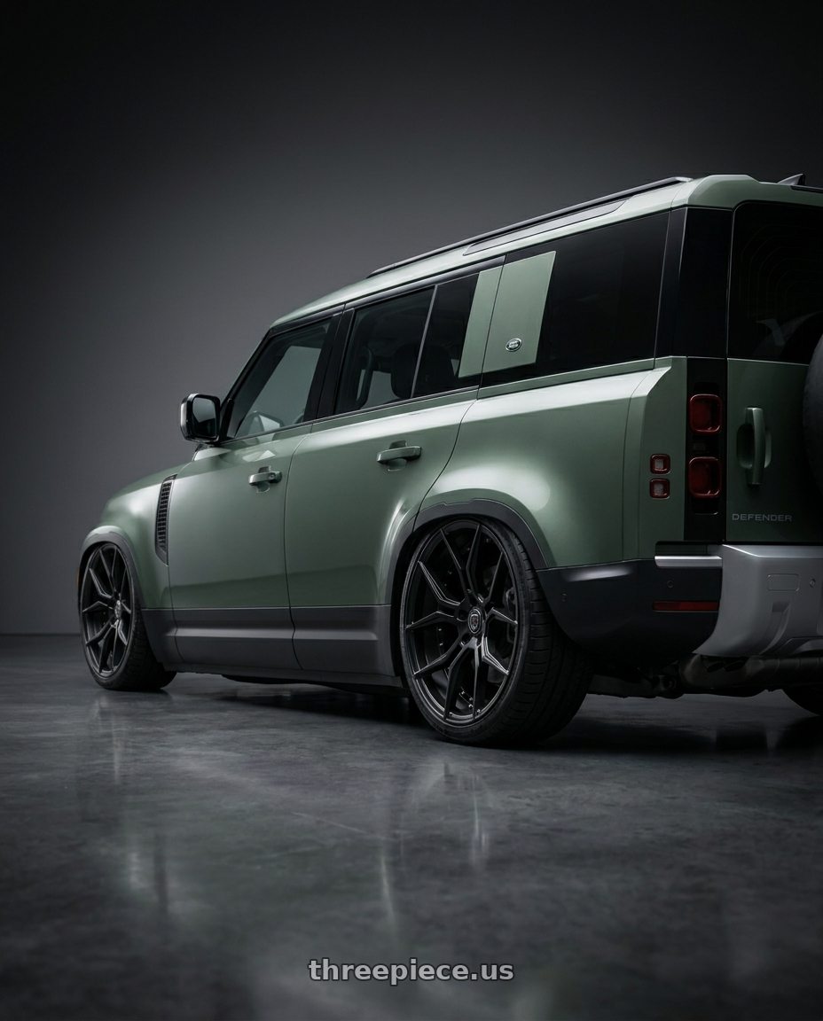 2025 Land rover defender110 with MARQUEE WHEELS M1000 5x112 20x9+33 SATIN BLACK wheels rear three quarter view slight stretch tires