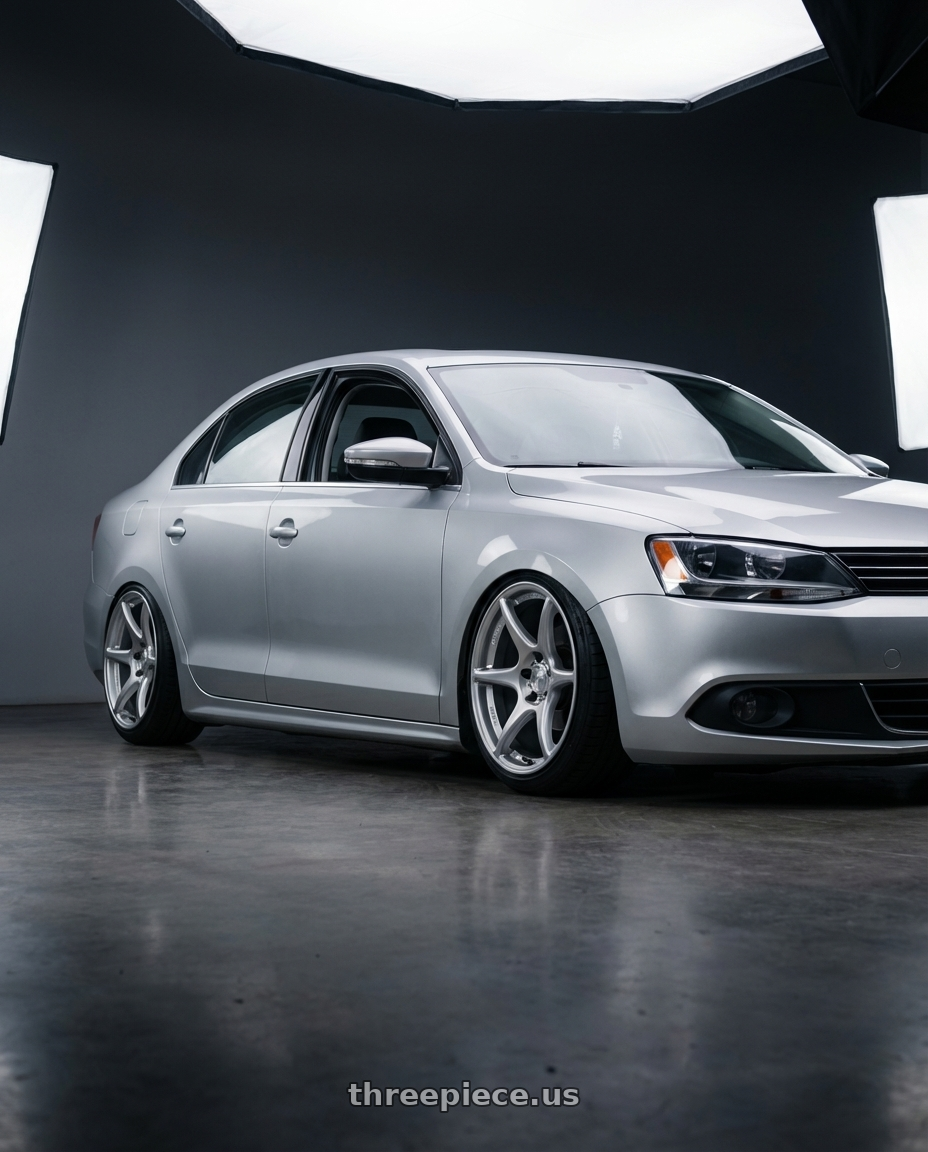 2016 Volkswagen Jetta GLI MK6 with Kansei K11S Tandem 5X112 18x8.5 35 Hyper Silver wheels front three quarter view stanced stance