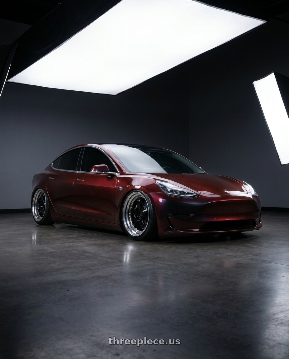 2019 Tesla Model 3, red black iridescent wrap with Work Meister S1 3P 5x100 18x7+48 A Disk Black wheels