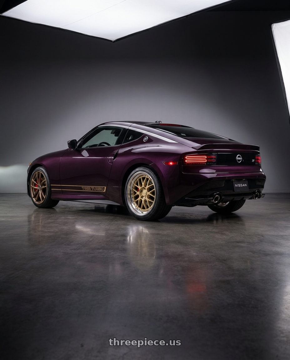 2026 Nissan Z Heritage Edition with Work Brombacher Mesh wheels rear three quarter view square tires