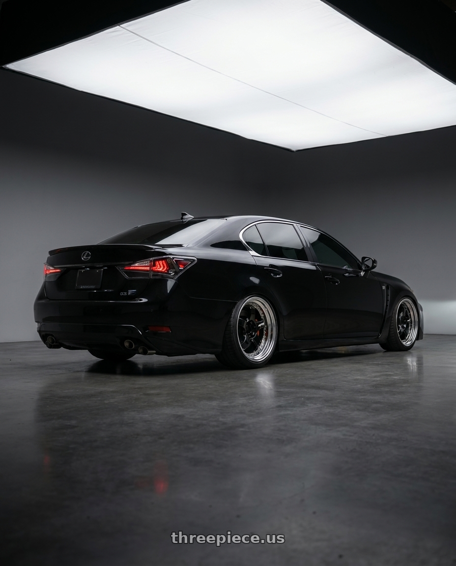 2016 Lexus GSF with Work Meister S1 3P 5x100 18x7+48 A Disk Black wheels rear three quarter view slight stretch tires