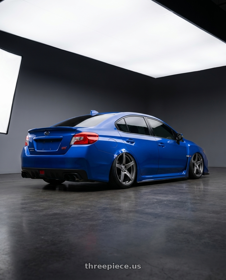 2018 Subaru WRX STI with Forgestar CF5 5x114.3 18x10 +42 Gloss Anthracite wheels rear three quarter view slight stretch tires