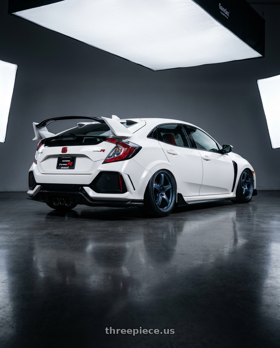 2018 Honda Fk8 with Gram Lights 57CR 5x112 19x10.5+22 Gunblue II wheels rear three quarter view slight stretch tires
