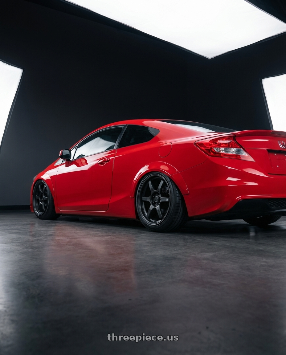 2015 Honda Civic Si with Konig Backbone 5x114.3 18x8+35 Matte Black Milling Logo on Spoke wheels rear three quarter view slight stretch tires