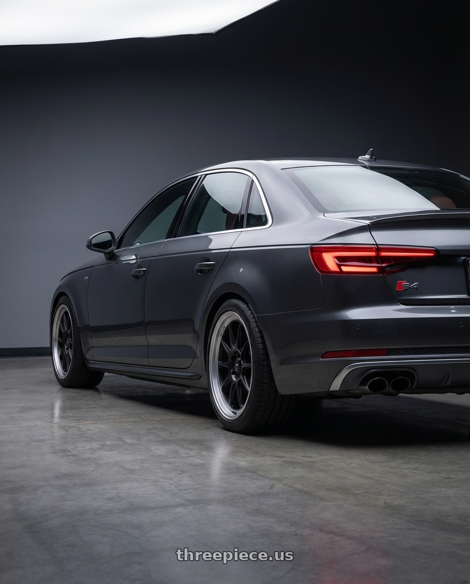 2023 Audi S4 B9 with Konig Countergram 5x112 19x9.5+30 Matte Black / Matte Machined Lip wheels rear three quarter view square tires