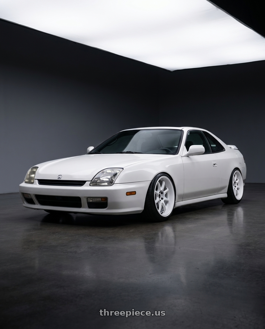 2000 Honda Prelude with Work Emotion D9r 5x114.3 19x9.5 +30 White wheels front three quarter view lowered stance