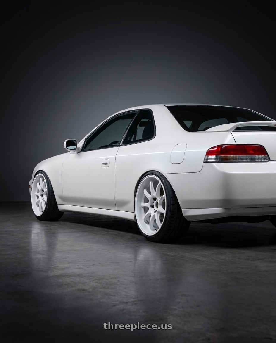 2000 Honda Prelude with Work Emotion D9r 5x114.3 19x9.5 +30 White wheels rear three quarter view extreme stretch tires