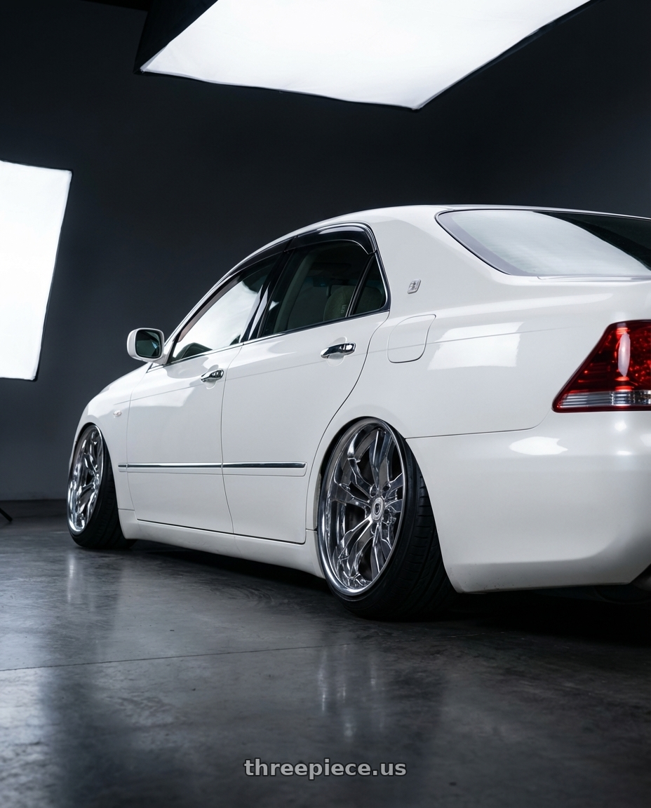 2005 toyota crown with OE Wheels CA15A 5x115 18x8.5+40 Chrome wheels rear three quarter view extreme stretch tires