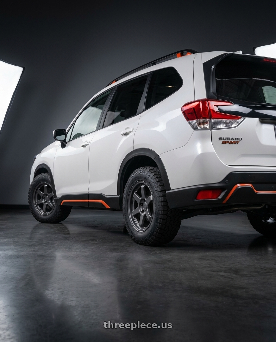 2023 Subaru Forester with 9six9 SIX-1 5x114.3 17X8 +35 Carbon Gray wheels rear three quarter view meaty tires