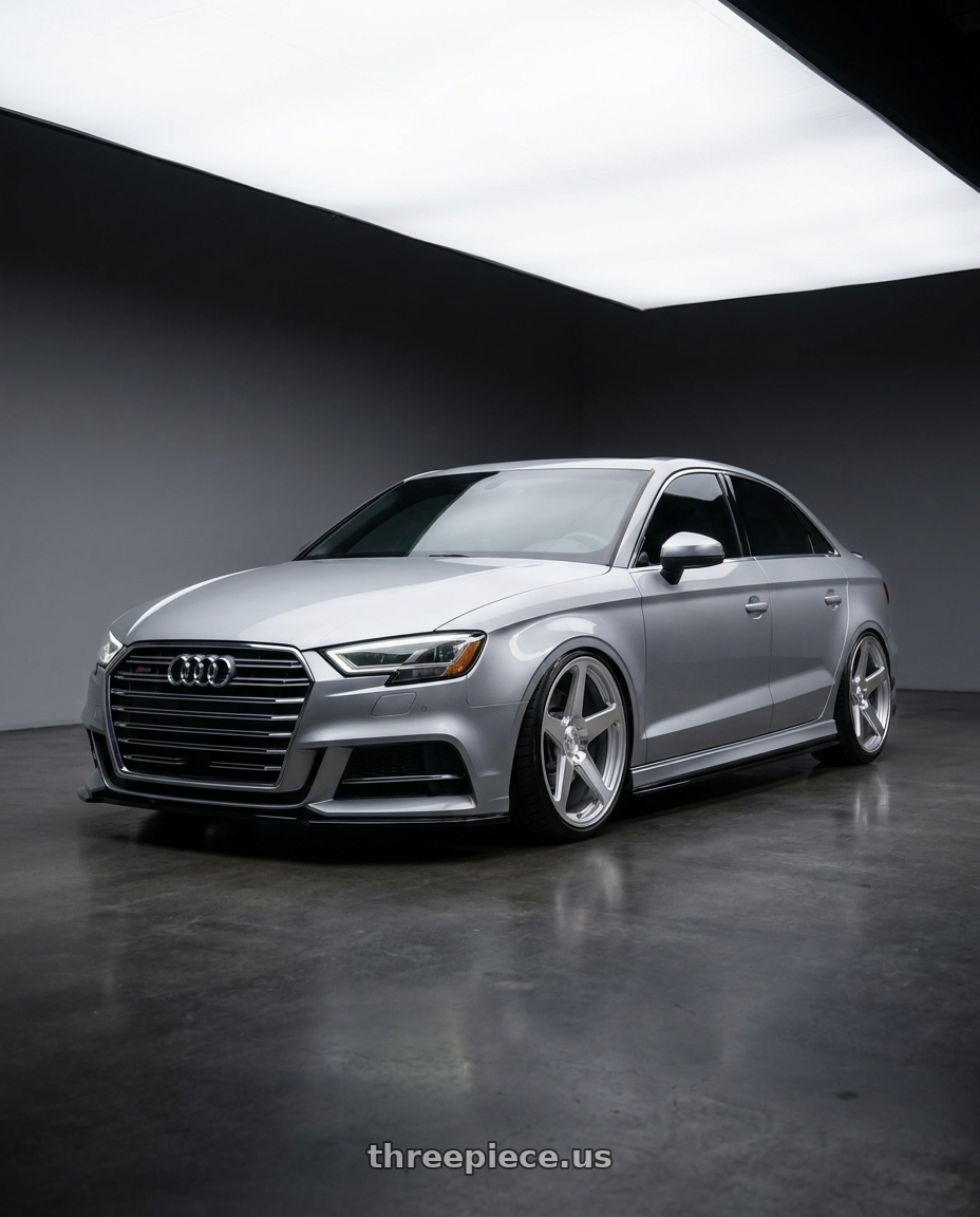 2015 Audi A3 Quattro with DOLCE PERFORMANCE STELLA 5x112 20x8.5 +35 Gloss Silver wheels front three quarter view lowered stance