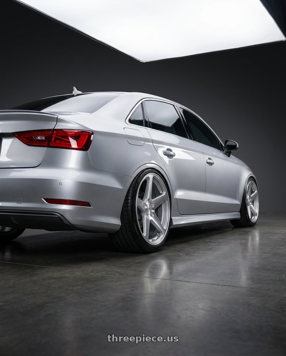 2015 Audi A3 Quattro with DOLCE PERFORMANCE STELLA 5x112 20x8.5 +35 Gloss Silver wheels rear three quarter view extreme stretch tires