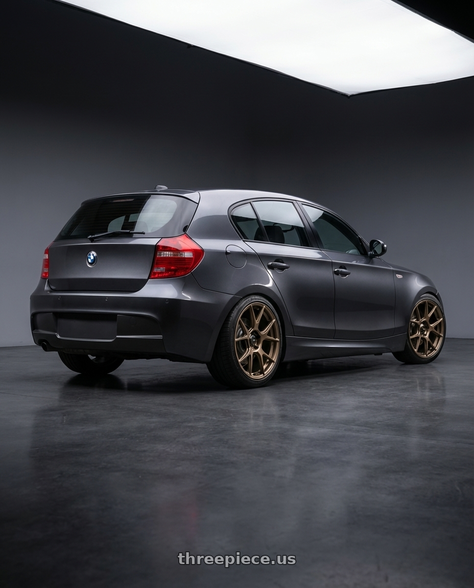 2012 BMW 1 Series E82 with Konig Ampliform 5x120 18x8.5+32 Gloss Bronze wheels rear three quarter view square tires