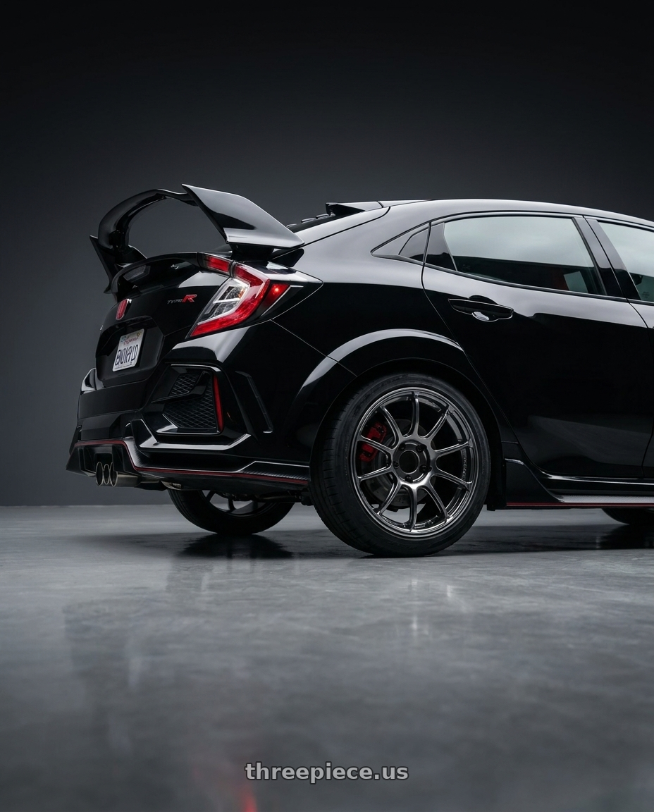 2021 Honda Civic Type R with Advan RZ II 5x120 19x8.5+35 Racing Hyper Black And Ring wheels rear three quarter view square tires