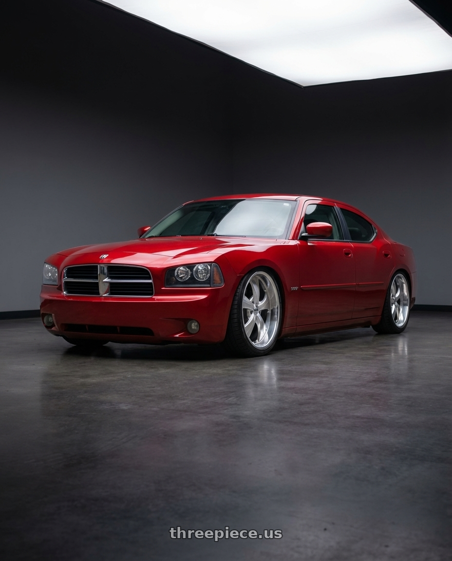 2006 Dodge Charger R/T in Red with Strada Street Classics Old Skool 6x135 24x10 +24 Brushed Face Silver Milled SS Lip wheels front three quarter view slammed stance