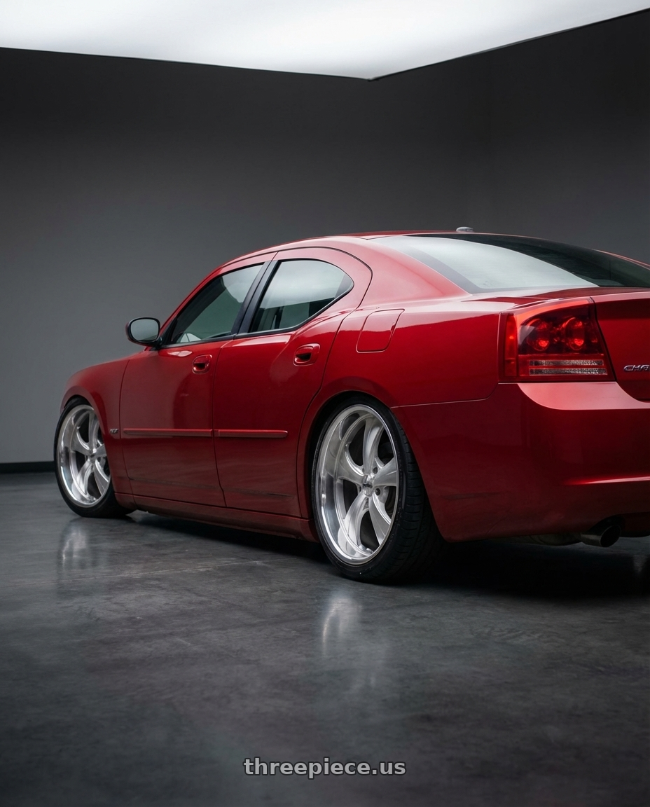 2006 Dodge Charger R/T in Red with Strada Street Classics Old Skool 6x135 24x10 +24 Brushed Face Silver Milled SS Lip wheels rear three quarter view square tires