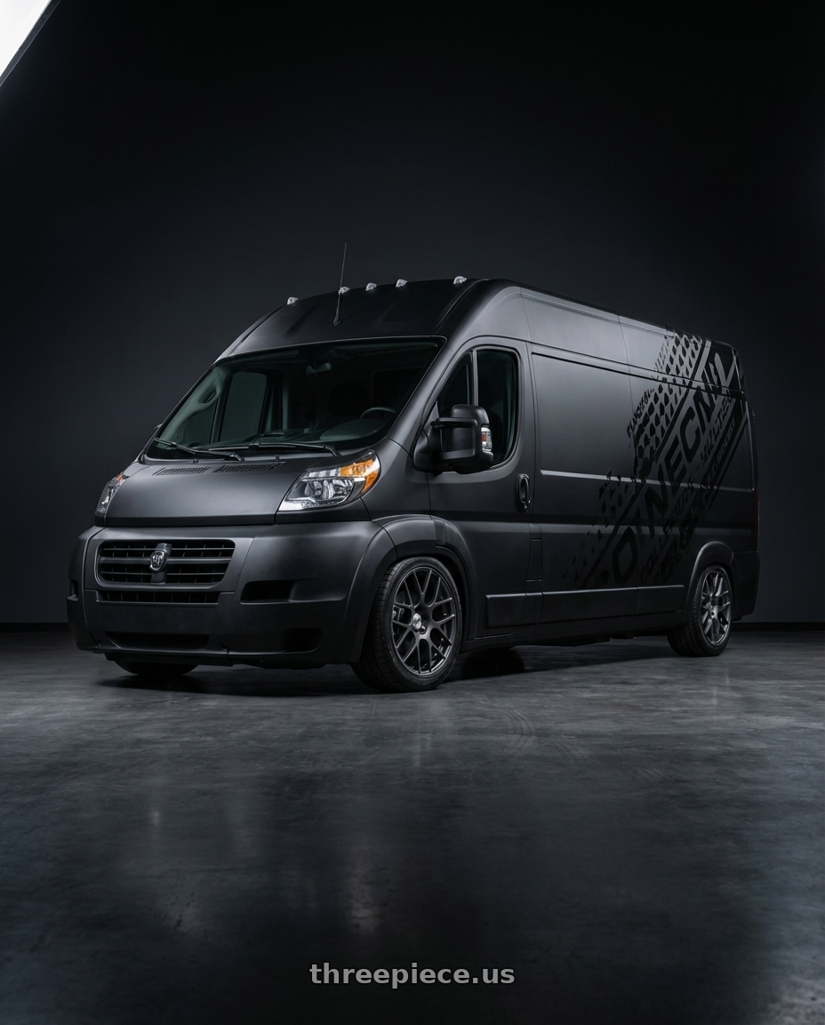 fiat ducato maxicargo 2014 - adesiva com fundo em preto fosco e adesivos preto brilhante por cima with TSW NURBURGRING 5X114.3 17X7.5 +45 MATTE GUNMETAL wheels front three quarter view slammed stance