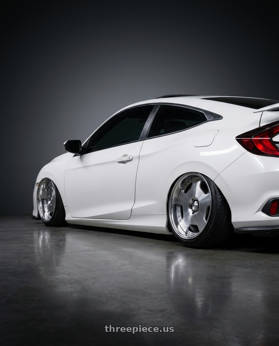 2018 honda civic si with Work Lanvec Ld1 5x114.3 18x7+38 A Disk Machine Silver Polish wheels rear three quarter view slight stretch tires